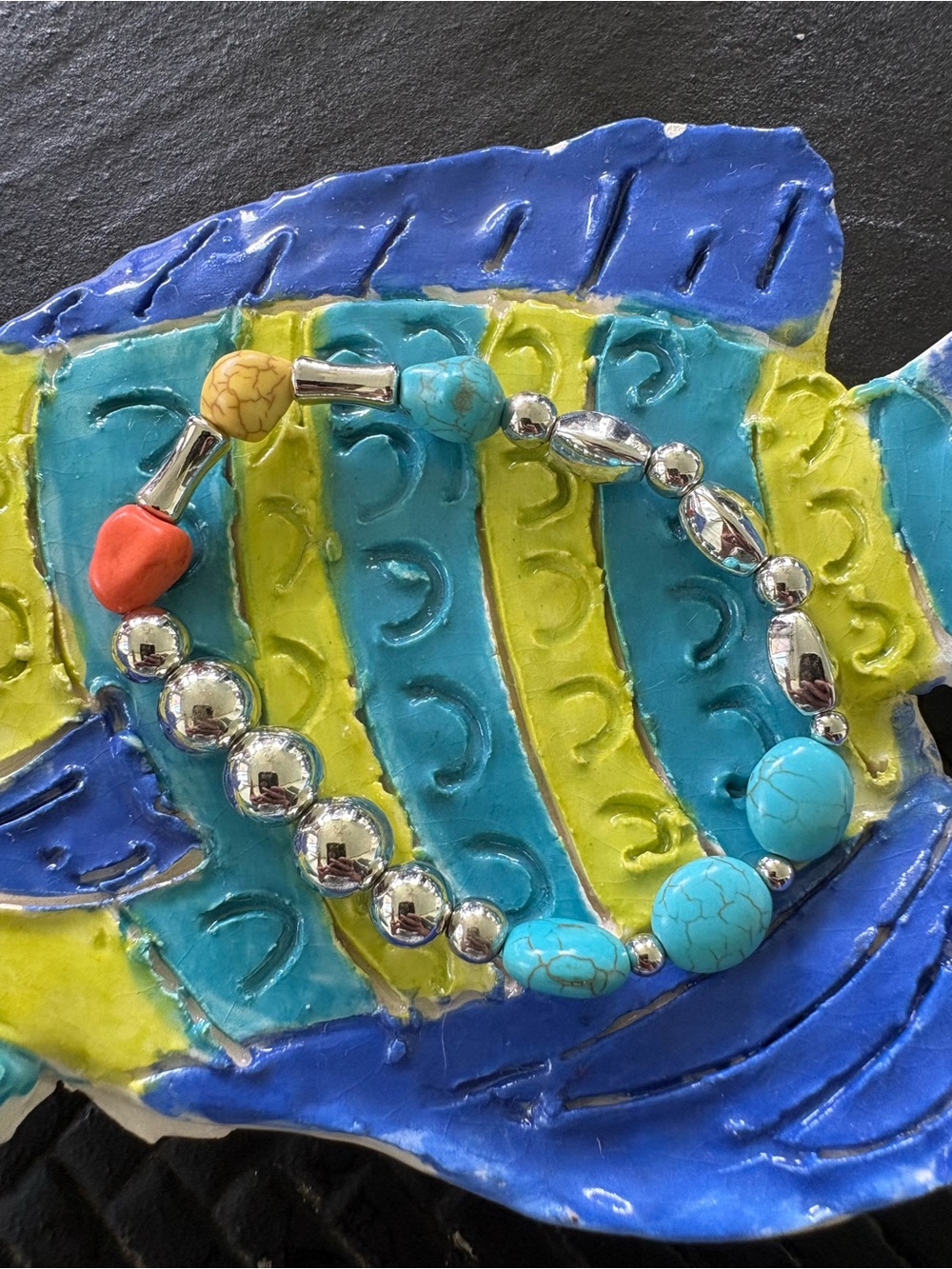 Turquoise and Coral Beaded Stretch Bracelet
